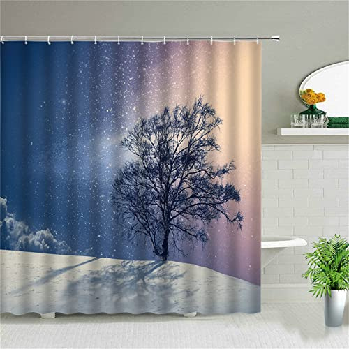 Duschvorhang für Eckdusche und Kleine Badewanne, Bad vorhang Textil aus Polyester Stoff Schimmelresistent Wasserabweisend und Waschbar, Schneebaum230x180cmmit Duschvorhangringen Shower Curtains