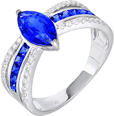 AMDXD Diamantring Weißgold 750 18K Frauen, 1.96ct Saphir Pärchen Ringe Blau, Au750 Weißgold mit Diamant Echtschmuck, Gr.48 (15.3)