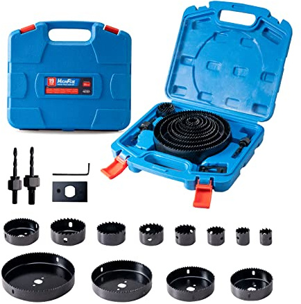 HIGHFIRE 19 PCS Hole Saw Set 3/4-6(19-152mm) for Soft Wood, Plywood, Drywall and PVC Board 13PCS Hole Saw Kit,2 Mandrels, 3 Drill Bits, 1 Hex Key and 1 Installation Plate