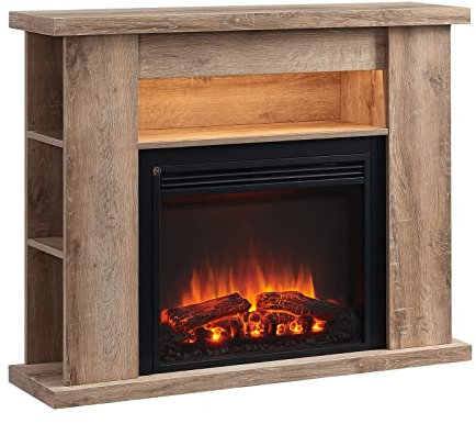 FLAMME 43 Lipson Electric Fireplace Suite Rustic Light Oak Colour with Storage Shelves Includes 2000w Heater with Glass Fronted Flame Effect, Remote Control