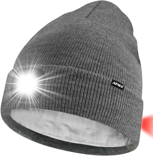 ATNKE Unisex 8 LED Mütze mit Licht,Wiederaufladbare USB Rot Blinkendes Alarm Rücklicht Laufmütze Lampe Winter Warme Gefüttertes Fleece Stricken Mütze für Herren und Damen Geschenke