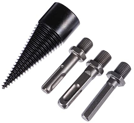 OATIPHO 4pcs Cone Firewood Splitter Drill Bit Set with Hex Shank and 1/2 Square Round Connectors, Log Kindling Splitting Bit for Woodworking and Cordwood Drilling