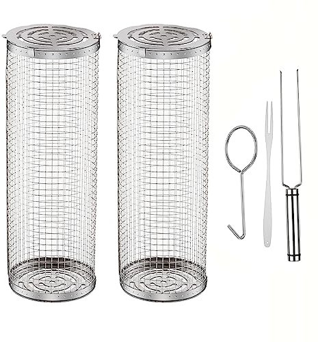 Rolling Grill Basket, Rolling BBQ Grilling Basket, Portable bbq Vegetable Grill Basket, Outdoor Round BBQ Grill Mesh - Camping Picnic Cookware, for Vegetables, French Fries, Fish, with hook and fork