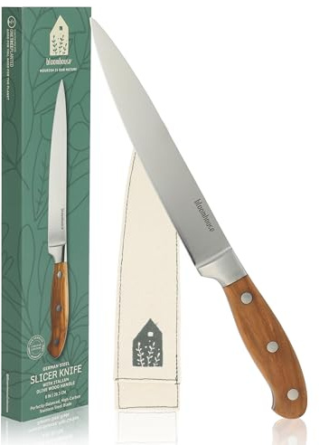 Bloomhouse 8-Inch Slicing Knife – German Stainless Steel Carving Blade with Forged Italian Olive Wood Handle, Full Tang Knife for Meat, Roasts & BBQ