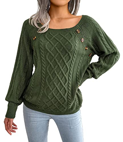 Strickpullover Damen Schwarz - Damen-Strickpullover mit eckigem Ausschnitt, Knopf, Zopfmuster, Langarm, lässig, locker Damen Pullover Weit Geschnitten
