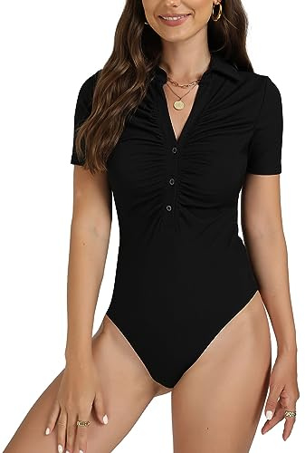 OPOIPIN Women's Rib Knit Collar Deep V Neck Ruched Buttons Short Sleeve Bodysuit Leotard Top Black Medium