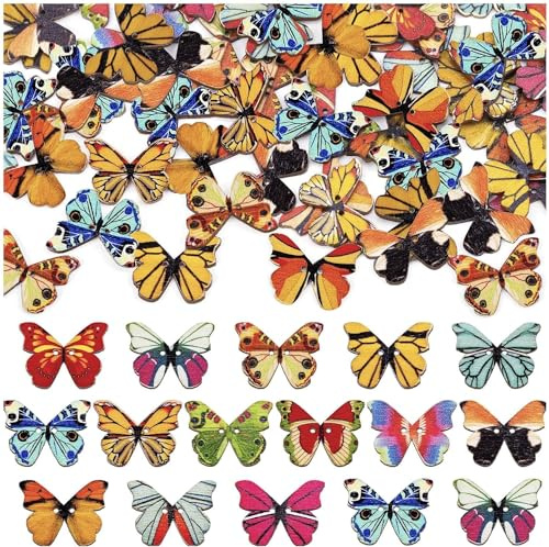 200Pcs Wooden Buttons for Crafting, Colorful Butterfly Buttons for Sewing and DIY Crafts, 2 Holes Small Vintage Wood Insect Embellishments for Scrapbooking, Clothes Accessories and Card Making