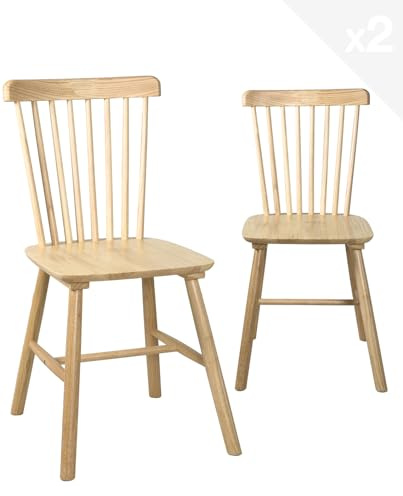 KAYELLES Lot de 2 Chaises à Barreaux Style Windsor Bistrot Vintage en Bois Massif d’Hévéa Mona Naturel