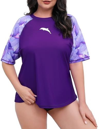 Halcurt Women's Plus Size Rash Guard Short Sleeve Swim Shirts Loose Fit UPF50+ Sun Protection Swimsuit Top Only Purple Floral 2X