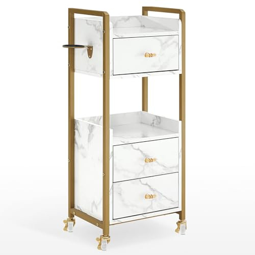 BarberPub Salon Cart with Lockable Wheels, Acetone Resistant Storage Barber Trolley with 1 Hair Dryer Holder & Drawers, Rolling Tattoo Cart, Makeup Organizer Beauty Equipment 2478 (White)