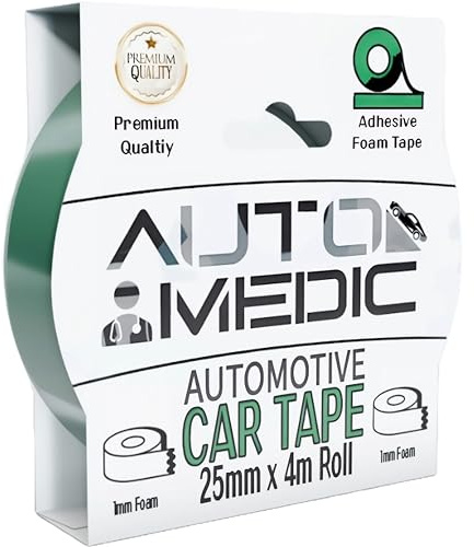 Automedic Ruban adhésif double face en mousse pour plaque d'immatriculation, rétroviseurs, garnitures, décalcomanies, badges, permanent, sans perçage, adhésif puissant, qualité automobile 25 mm x 4 m