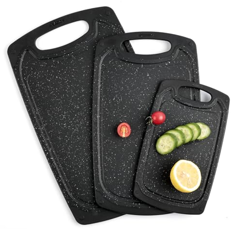 Aututer Schneidebrett Set 3 pcs Schneidebretter mit Rutschfesten Füßen und Saft Waschbecken Schwarz Schneidebrett Tragbares Schneidebrett für Gemüse Obst und Fleisch BPA-Free Spülmaschinenfest