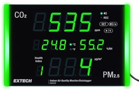 Extech IAQ320 Indoor Air Quality Monitor PM2.5 CO2 Datalogger, 10 Display | Wall-Mount or Desktop; Reads Temperature, Humidity, Particulates and Health Index; Stores 12,000 CSV Records for Facilities