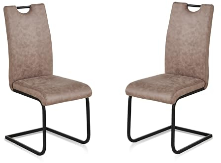 KHG Esszimmerstühle 2er Set, Schwingstuhl Kunstleder Hellbraun, Freischwinger Metall pulverbeschichtet, Küchenstuhl, Essstuhl, Polsterstuhl, für Esszimmer Küche Büro