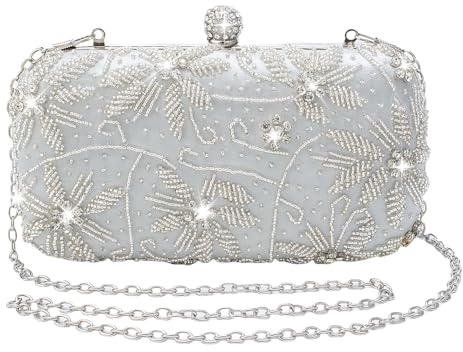 YYW Evening Clutch Bags for Women Rhinestone Clutch Purses Formal Floral Bridal Bag Vintage Handbags Glitter Crossbody Bags for Wedding Party (Silver)