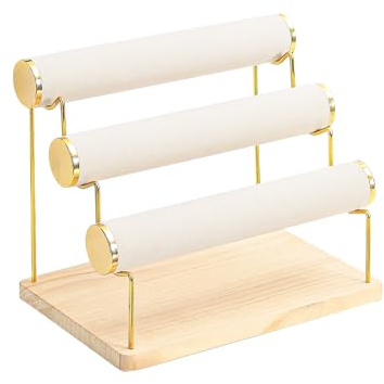Pengup Bracelet Holder, Bracelet Displays for Vendors, 3 Tier Jewelry Organizer Stand for Selling, Jewelry Necklaces Storage Rack with Wood Base (Beige+Gold)