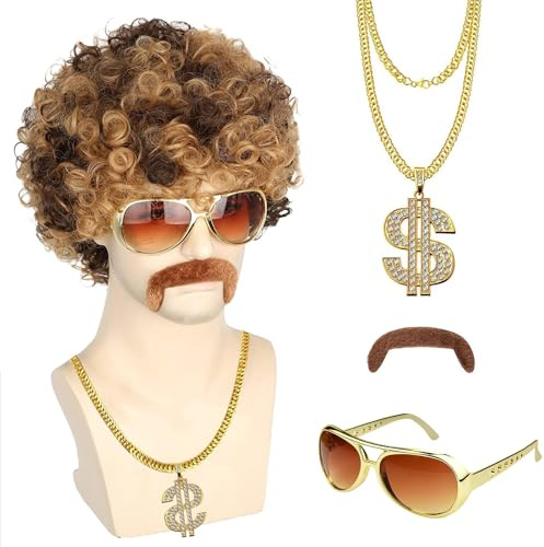 NebulaGlam 80er Jahre Outfit Herren Perücken, Männer Karneval Fasching Perücke, Wig Sonnenbrille Halskette Schnurrbart, für Halloween Fasching Karneval Thema 70er 80er Kostüm Party