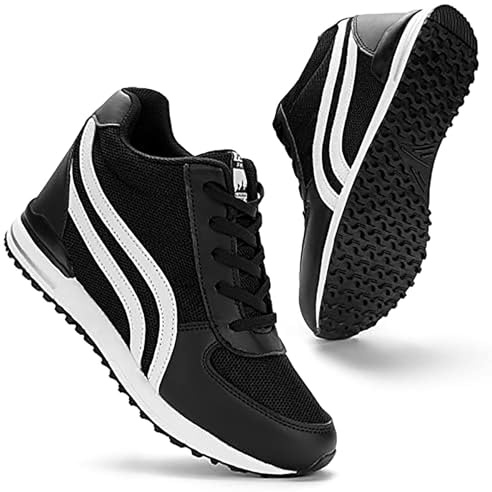 KOWAYI Damen Sneakers Wedges mit Keilabsatz 7cm Leichte Plateau Sneaker Walking Schuhe Atmungsaktiv Damen Turnschuhe Freizeitschuhe Bequeme Sportschuhe mit Keilabsatz Schwarz 39XIN