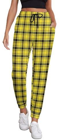 Pantalon de sport à carreaux jaunes pour femme avec poches, pantalon de sport confortable pour femme