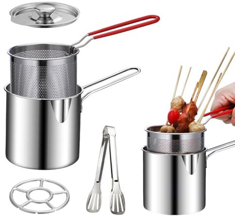 Fiacvrs Juego de 5 sartenes profundas, acero inoxidable, mango ergonómico, patatas fritas y pollo