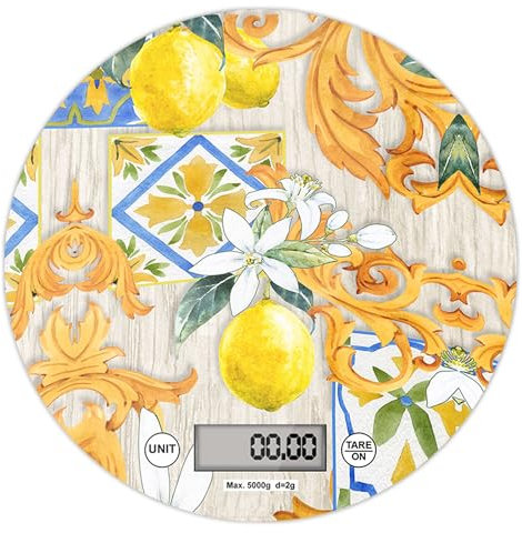 Lupia - Bilancia Digitale da Cucina in Vetro Temperato decorato LIMONI E ACANTO D.18,5 cm, Idea Regalo con scatola bianca, Display LED, Design Elegante Bomboniera, batteria CR2032, Made in Italy