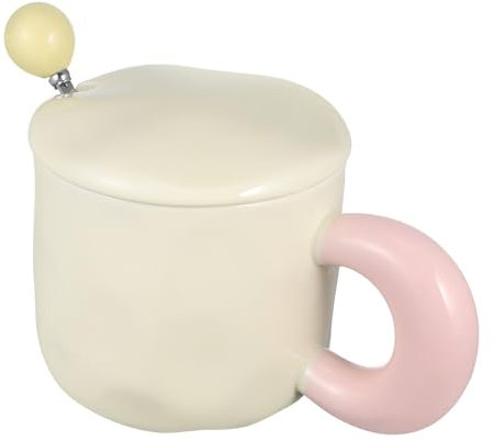 Healeved Ceramica Tazza 301-400ml con Coperchio e Cucchiaio Gialla