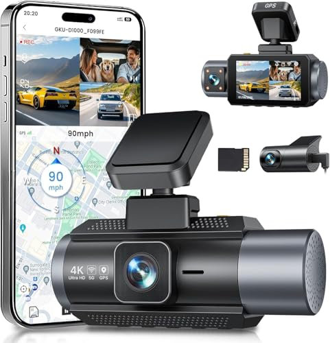 GKU 4K 3 Channel Dash Cam,5G WiFi DashCam,4K+1080P+1080P Dash Cam Front and Rear and Inside,DashCam Built-in GPS,170° Wide Angle,24H Parking Mode,64GB Card,3-Inch Screen,Max 512GB.