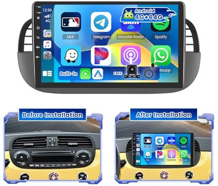 Hikity Autoradio Android 15 9 per Fiat 500 2007-2015 Wireless CarPlay | 4G+64G. Android Auto, FM/RDS, BT, GPS, WiFi, SWC, Mirror Link, Telecamera, MIC