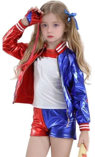 Moerstar Costume Carnevale Bambina, Vestito Cosplay Bambina Set con Giacca Maglietta Parrucca Pantaloni Mazza da Baseball Gonfiabile Guanti Costumi Cosplay per Carnevale Halloween (150)