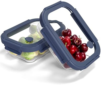 BOROHOUSE 2-Pack Glass Food Storage Containers with Tempered Lids (630ml/2.7cup) - Airtight Snap Lock, Microwave & Oven Safe (-20°C~510°C), Freezer to Baking Dish, BPA-Free, Gift Box（Blue）