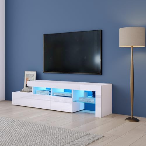 White TV Stand Cabinet with LED Lights, High Gloss TV Unit with 3 Drawers | 2 Open Shelves, 1 Glass Shelf, LED TV Stand Entertainment Center Unit for Living Room, Dining Room, Bedroom