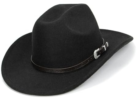 VASANA Cappello da cowboy in feltro nero con fibbia per cintura classe roll up a tesa larga Fedora cappello da cowgirl jazz per donne uomini