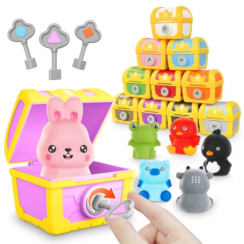 zeeloopbee Toddler Farm Animal Learning Toys, 10pcs Animals Finger Puppets Treasure Chests with Keys Lock, Colour Sorting Matching Game, Fine Motor Skills Toys for 3 4 5 Year Old