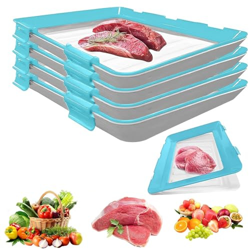 Stretch Storage Fresh Silicone Food Trays, 4Pcs Cold Meat Containers for Fridge Stackable Vacuum Food Preservation Tray with Elastic Lid Freezer Storage Boxes for Meat Vegetable Fruit (Blue)