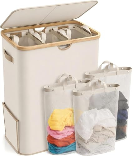 165L Wäschekorb mit Deckel und 3 Fächern, faltbarer Wäschesammler mit herausnehmbarem Wäschesack und stabilem Bambusrahmen, Beige