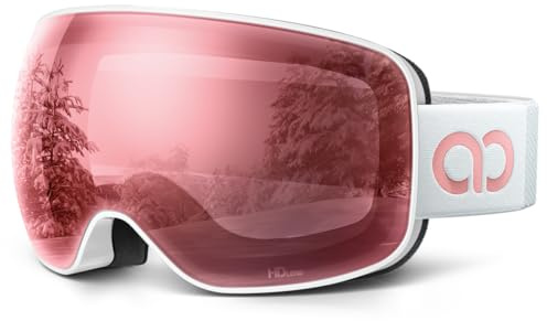 Lamicall Skidglasögon, skidglasögon – 【HD sfärisk lins】 Anti-bländning anti-dimma snö/snowboardglasögon med bred OTG över hjälm kompatibel, UV400-skydd för män och kvinnor – vit ram – rose