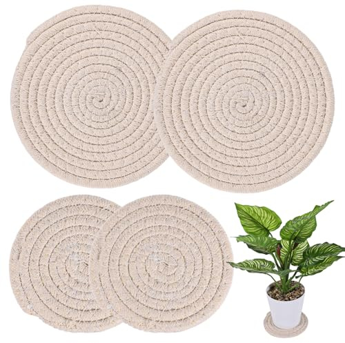 4 Pcs Woven Coasters for Plant, 4 & 7 Inch Reusable Washable Plant Coasters for House Plants Round Plants Saucers for Gardening Indoors Pots House DIY Craft Project(Beige)
