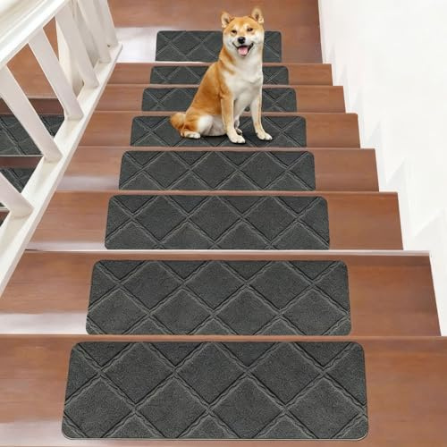 YuLiMirich 15 Stück Treppenstufen Matten, 55 x 19cm Anti Rutsch Stufenmatten Selbstklebend Innen, Maschinenwaschbare Treppenteppich Selbstklebend Stufenteppich für Kinder, Älteste und Haustiere