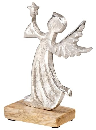 levandeo Weihnachtsdeko Engel Mangoholz H15cm Deko Aufsteller Holz Braun Metall Silber Engelfigur Weihnachten Tischdeko
