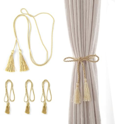 Sujeta Cortinas 4 Piezas,Alzapaños Cortinas con Borlas,Recoge Cortinas Hechos a Mano,Gancho Cortina Couleur Champagne,Soporte Barra Cortina para Dormitorios,Oficinas y Salones