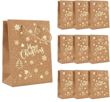 Idena 90415 - Geschenktaschen Merry Christmas, 10 Stück, Papiertüten in der Größe 16 x 11,5 x 6 cm, Geschenktüten für Weihnachten