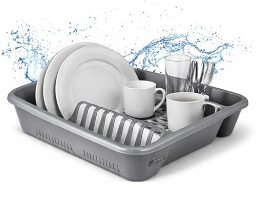 Ploutos World Wide Plastic Kitchen Sink Dish Drainer – Cutlery, Plate & Cup Drying Rack, Countertop Drainer Holder with Removable Cutlery Section, Durable Sink Drip Tray Organizer (Grey)