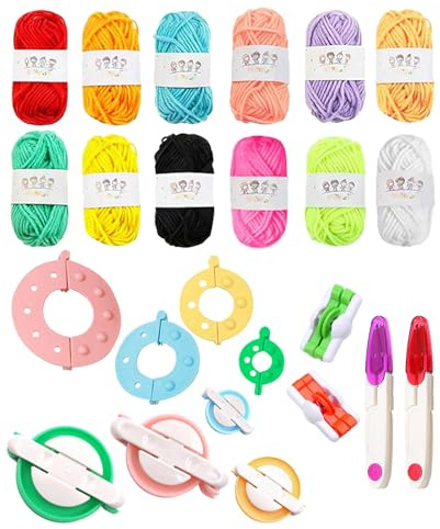 FunnAura 24 Pack Pom Pom Making Kit, Sweater Ball Knitting Craft Set, 12 Colours Yarn with Sewing Scissors and 10 Different Sizes Pompom Makers