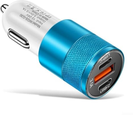 Caricabatteria da auto in alluminio con USB C PD 15W Supporto di ricarica rapida Uscita 3.1A Doppia USB e doppie porte PD per un'ampia compatibilità in auto da 12 V 24 V (blu)