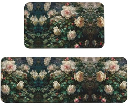 Roses Print Kitchen Rugs Set of 2, Cushioned Anti-Fatigue Kitchen Mats for Floor, Waterproof Comfort Standing Mat Absorbent Velvet Kitchen Runner Rugs 17x30+17x47