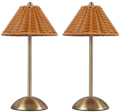 WLHBF Rattan LED Tischlampe Kabellos 2er Set, Touch Dimmbar, Akku | Vintage Nachttischlampe, 3 Lichtfarben, 2500mAh Batteriebetrieben, Innen Outdoor, Bar Restaurant Wohnzimmer Schlafzimmer Deko