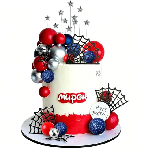 Red Blue Cake Topper Blue Red Silver Balls Cake Decorations Stars Birthday Cake Decorations for Boys Men Baby Shower Party Supplies