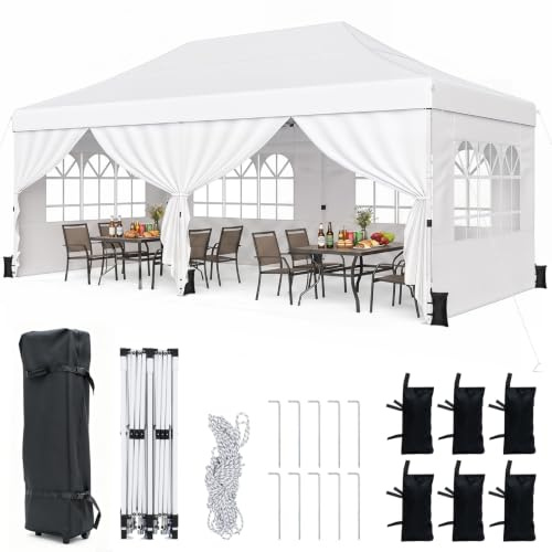 COSTWAY Carpa Plegable 3x6m, Pop Up, Cenador Exterior con 4 Paredes Laterales Desmontables, Altura Ajustable, Bolsa con Ruedas, Pabellón Gazebo de Jardín Impermeable para Patio Boda Fiesas (Blanco)