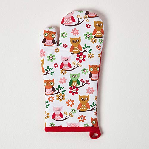 HOMESCAPES - Pure Cotton Oven Glove - Owls - Red Blue - 18 x 32 cm - Fully Coordinated Washable Kitchen Linen