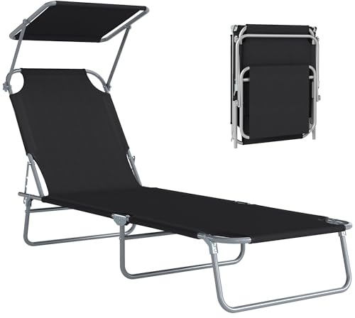Outsunny Tumbona Plegable con Parasol Inclinable para Playa Piscina 187x58x27 cm Metal Negro